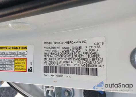 2018 Honda Accord Lx z USA, uszkodzony, nr VIN 1HGCV1F17JA157414